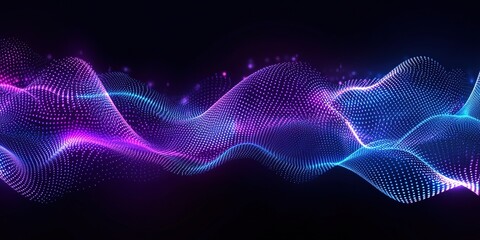 Abstract digital wave with blue and pink glowing particles on a dark background, representing data flow and futuristic technology