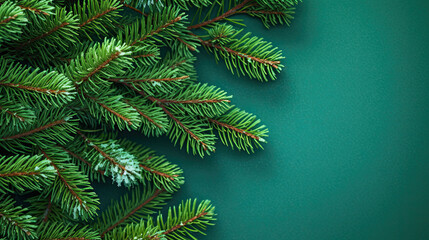 Snowy Christmas tree branches or snowy Christmas fir tree on a vivid green background