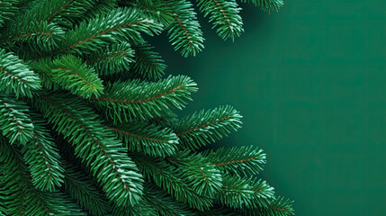 Snowy Christmas tree branches or snowy Christmas fir tree on a vivid green background