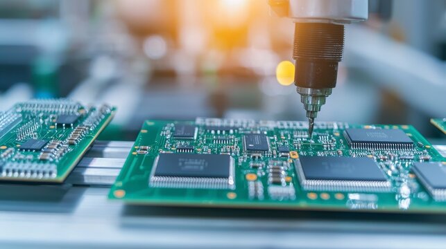 A close-up view of circuit boards being assembled, highlighting the intricate technology used in modern electronics manufacturing.