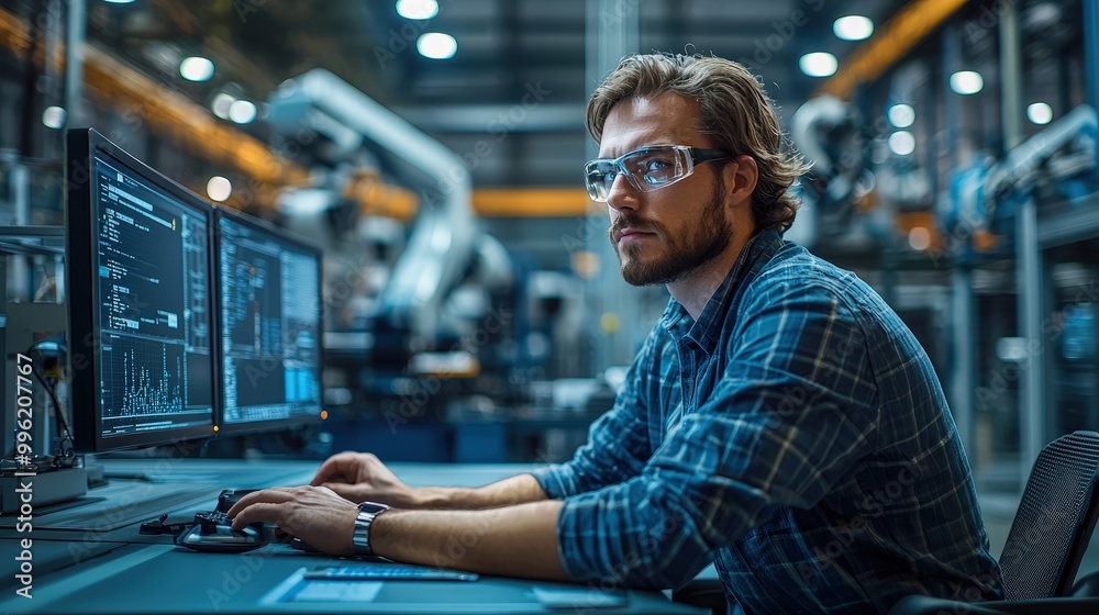 Poster A focused technician studies data on multiple screens while wearing protective eyewear. The well-lit manufacturing facility is busy with advanced machinery and robotic equipment in the background