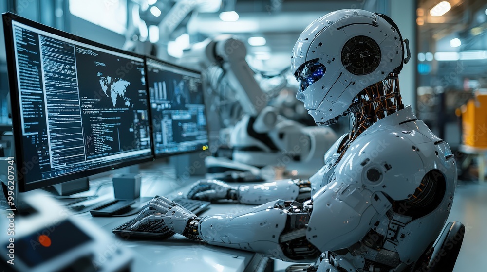 Poster A humanoid robot is focused on the computer screen in a futuristic laboratory, surrounded by advanced technology, indicating the integration of robotics and artificial intelligence