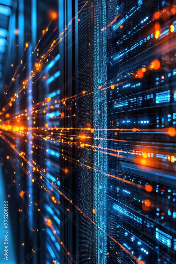 Poster high-tech server rack close-up view with data streams