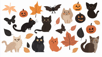 Halloween holiday comic horror cartoon set. Black cat, pumpkin, hat spider web symbolic flat design.