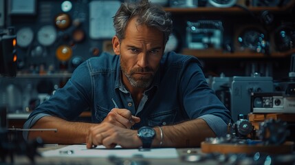 A Skilled Watchmaker Focuses on Intricate Details in His Workshop of Vintage Timepieces