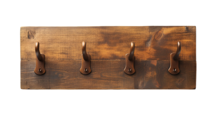 a wooden coat rack with hooks. 