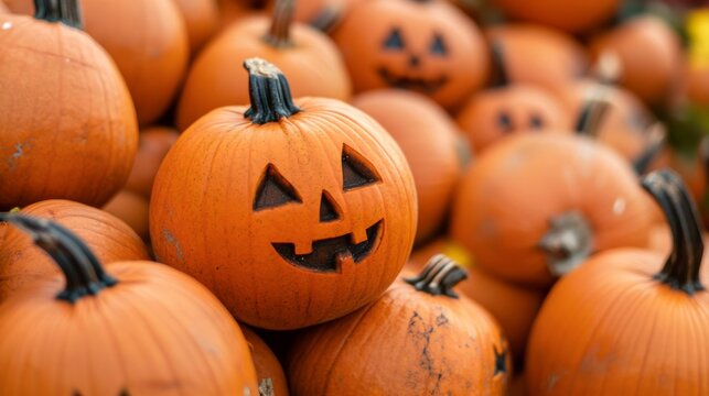 Halloween,, Thanksgiving or autumnal autumn harvest farming concept background greeting crd - Stack of carved pumpkins jack o lantern