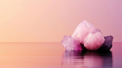 A tranquil scene featuring sparkling crystals on a reflective surface, set against a soft gradient background in soothing pastel tones.