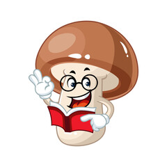 Cute mushroom cartoon character wearing glasses and reading a book.