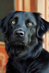 A black dog with striking golden eyes looks ahead, sitting calm and composed, highlighting its shiny fur.