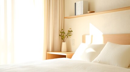 Fototapeta premium Japandi Style Bedroom Design - Cozy Natural Materials with Built-in Storage and Space-Efficient Layout for a Calm Balanced Atmosphere in Modern Interiors