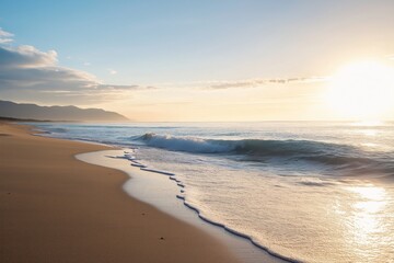 Fototapeta premium A serene beach scene with gentle waves caressing the shore, illuminated by the bright, rising sun in the early morning.