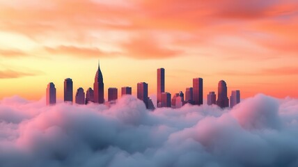 A vibrant city skyline emerges from a sea of clouds, bathed in the warm hues of sunset, creating a breathtaking and serene atmosphere.