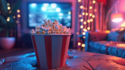 Close-up of a bowl of popcorn with a screen in the background. Cozy evening watching a movie or TV series.