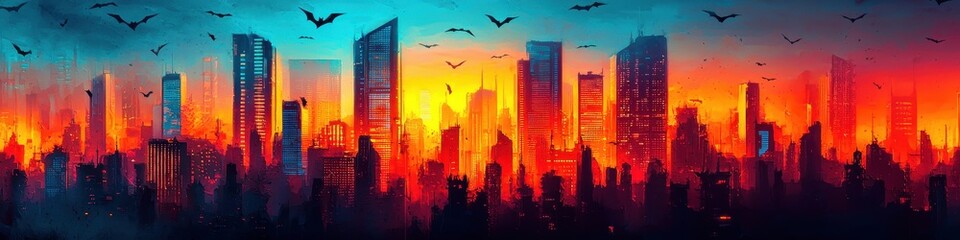 Fototapeta premium Neon-lit cyberpunk cityscape with holographic pumpkins, futuristic bats flying across the sky, high-tech design, bright orange and electric blue colors.
