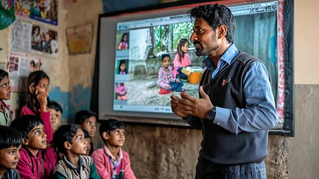 A rural teacher conducting a lesson via video conference, connecting with students in remote areas, showing the power of technology in bridging educational gaps.