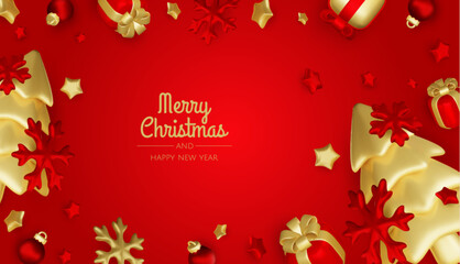 Happy New Year and Merry Christmas. Christmas holiday background with realistic 3d objects, xmas balls, metal stars, snowflake, gift box.