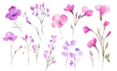Watercolor wild flower clipart, pink and purple flowers on a white background, in different angles and poses. 