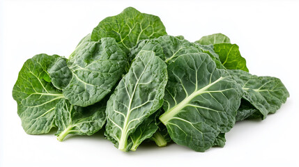Obraz premium Fresh green collard greens leaves stacked together, showcasing their vibrant color and texture. These nutritious leafy greens are perfect for healthy meals and salads.