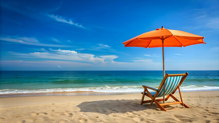 Seren beach chair and orange umbrella against clear blue skies and calm ocean waves, serene, beach scene, orange