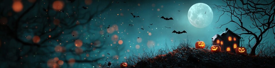 Fototapeta premium Spooky haunted house on a hill under a full moon, with flying bats and glowing jack-o'-lanterns, [Halloween banner], [eerie atmosphere and Halloween spirit]. ,closes up