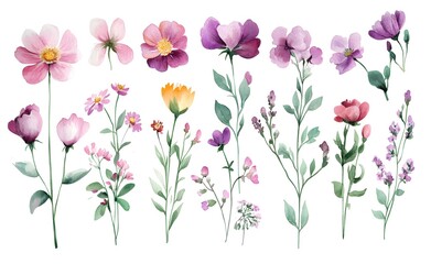 Watercolor wild flower clipart, pink and purple flowers on a white background, in different angles and poses. 