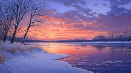 Fototapeta premium A winter sunset painting the sky in hues of orange, pink, and purple, reflecting on a frozen lake.