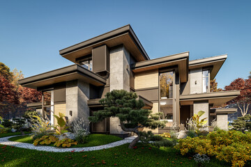 Fototapeta premium 3d rendering of modern two story house with gray and wood accents, large windows, parking space in the right side of the building, surrounded by trees and bushes, daylight in autumn day