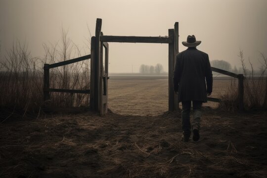 A farmer outdoors standing walking.