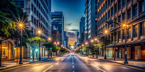 Fototapeta premium Night city scene with empty streets after sunset , urban, solitude, peaceful, night life, city lights, downtown