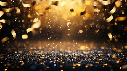 A luxurious background featuring golden confetti and bokeh lights over a dark, elegant surface, perfect for celebration or high-end events.