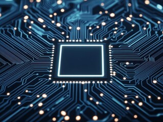 Close-up of a simple circuit board pattern, minimal details, glowing white lines on a dark background, sleek