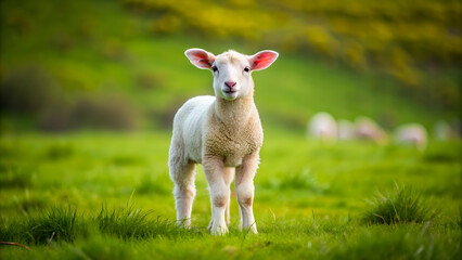 Fototapeta premium Mild lamb standing in a green pasture, lamb, sheep, animal, farm, cute, wool, livestock, grazing, nature, peaceful