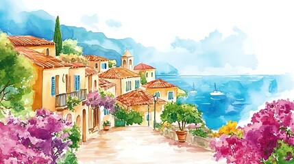 Watercolor painting of a picturesque Mediterranean town with colorful flowers and the sea in the background.