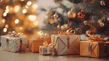 Christmas gifts at the foot of a Christmas tree or a Christmas fir tree