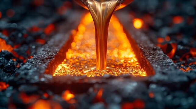 Molten Metal Pouring Into a Cast at a Foundry in the Warm Glow of Evening Light