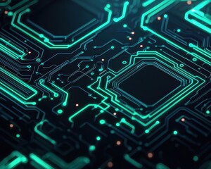 Fototapeta premium Futuristic circuit lines on a dark tech background, minimal design, glowing blue and green accents, high contrast
