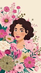 Young beautiful curly-haired girl in flowers on pastel background. International women's day. AI generated