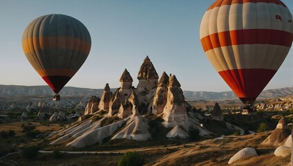 Obraz premium Enchanting sunrise over Cappadocia’s unique terrain with drifting hot air balloons in the sky