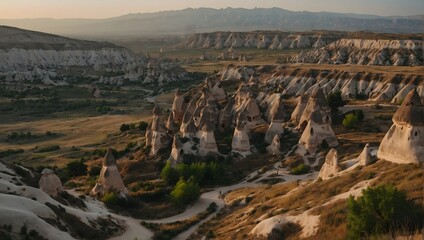 Enchanting Views of Cappadocia’s Rugged Terrain with Vibrant Hot Air Balloons