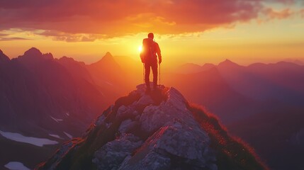 Silhouette of a male hiker at sunset on a mountain peak.
