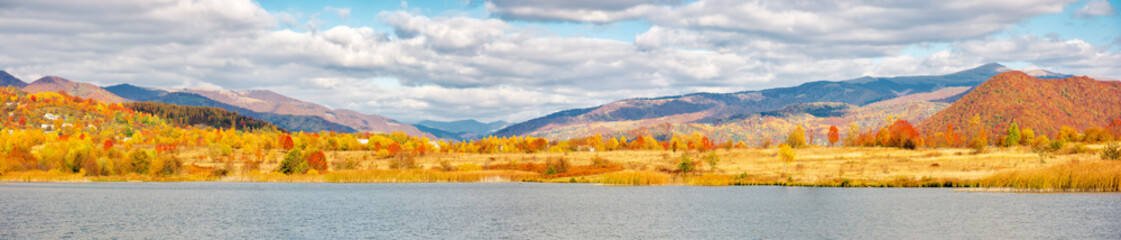 Fototapeta premium panorama of landscape by the lake in autumn. forest on the mountains in colorful foliage. countryside scenery of ukraine on a sunny day in fall season. recreation place