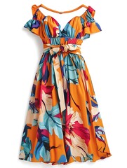 Floral Print Off-the-Shoulder Dress with Belt.