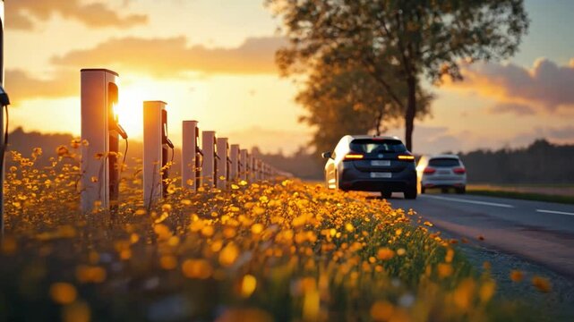 A dynamic scene of a rural road lined with electric vehicle charging stations, showing the adoption of green technology in remote areas.
