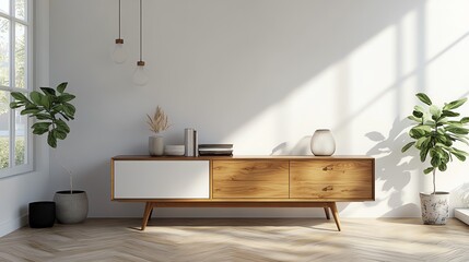 Stylish wooden sideboard in a bright, modern living room with plants and natural light, perfect for home decor inspiration.