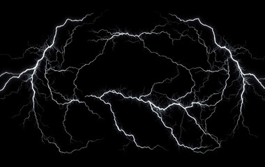 multiple electric lightning bolts radiating from center on black background dynamic energy electricity concept weather phenomenon natural electrical discharge
