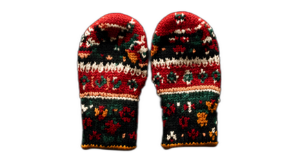 A pair of mittens with a Christmas pattern placed against a solid black background