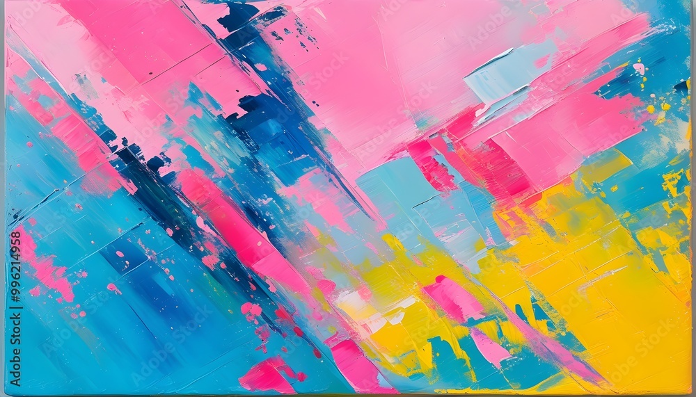 Canvas Prints Vibrant Abstract Oil Painting with Bold Strokes and Colorful Splashes in Pink, Blue, and Yellow