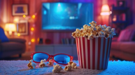 Close-up of a bowl of popcorn with a screen in the background. Cozy evening watching a movie or TV series.