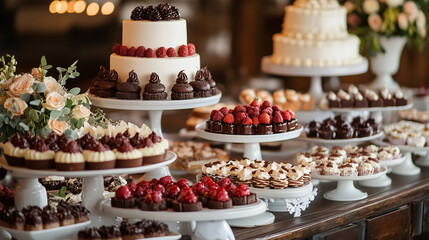 Fototapeta premium A table with many different types of desserts, including cakes and cupcakes